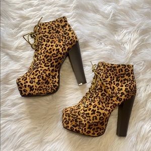 Delicacy cheetah super tall block lace up platform heels